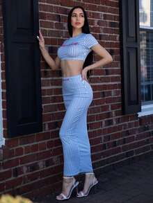 Carolina Barros Set de 2 piezas con blusa de manga corta a rayas y falda larga ceñida, ropa casual de verano y otoño para mujeres