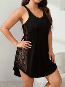 Plus Size Women Summer Casual Sleepwear Lace Round Neck Sexy Backless Camisole Nightgown, Vacation