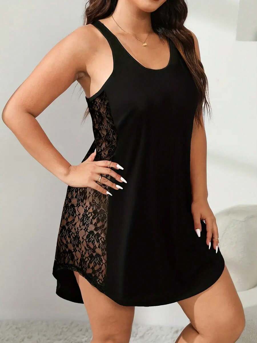 Plus Size Women Summer Casual Sleepwear Lace Round Neck Sexy Backless Camisole Nightgown, Vacation