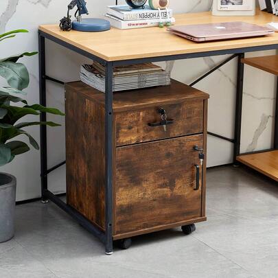 CLIPOP Lockable File Cabinet Wooden Drawer Filing Cabinet With 1 Closed Storage And 4 Rolling Wheels, Home Office Mobile Under Desk Cabinet For A4 Paper,Letters And File Folders