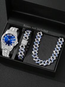 Conjunto de 3 pulseras de reloj de hombre de aleación de plata, con esfera azul con calendario, escala romana con brillantes, reloj de cuarzo, pulsera y collar de joyería, adecuado para uso diario o como regalo a amigos
