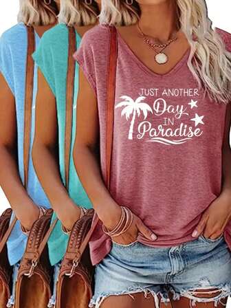 3 件纯色 V 领 T 恤，女士休闲短袖 T 恤，春夏季