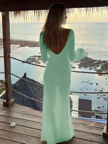 女士长袖镂空泳衣罩衫，优雅波西米亚海滩度假风V领连衣裙 - 薄荷綠 - 查看 9