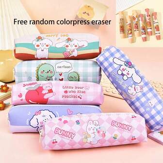 1/2 Pcs 7.48*2.16*1.77 Inch Cute Cartoon Pencil Case, 4.13*0.63 Inch Creative Cartoon Push-Type Eraser, High-Quality Stationery Bag For Students, Reward Points Gift Pencil Box, Cartoon PU Pencil Bag, Stationery Storage Bag