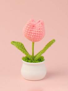 1pc Handmade Crocheted Yarn Simulation Tulip Potted Plant, Round Cute Woven Yarn Tulip, 1 Double Headed Stamen, 1 Triple Headed Flower Bud, Desktop, Car, Office, Home Decoration, Small Gift, Can Be Given To Family, Friends, Classmates, Birthdays, Teachers, Souvenirs, Night Market Camping Parties, Scenic Spots Easter