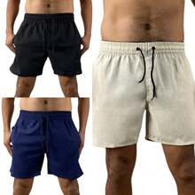 Set Of 3 Men's Premium Linen Shorts With 2 Side Pockets. - Navy Blue - View 3