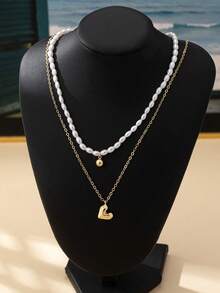 2pcs Simple & Elegant Chain & Heart Pendant Necklaces, Suitable For Daily Wear - Yellow Gold - View 4