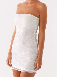 Women Sequin Beaded Tube Mini Dress Y2k Sparkly Floral Strapless Bodycon Short Dress Glitter Sexy Off Shoulder Sleeveless Backless Going Out Dress Party Clubwear - 白色 - 查看 5