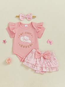 0-18 Months Baby Girl Western Outfit Cowgirl Hat Letter Short Sleeve Ruffle Romper Layered Skorts Bow Headband 3 Piece Set - 粉色 - 查看 4