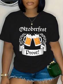 Camiseta con estampado de taza de cerveza Oktoberfest Prost de manga corta y cuello redondo de algodón negro de 180 g para mujer - Camiseta gráfica informal para festivales, fiesta de verano, camiseta ligera y transpirable, regalo navideño de moda para amantes de la cerveza, declaración de moda única - Negro - Ver 1