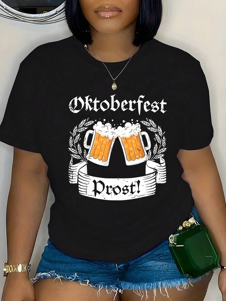 Camiseta con estampado de taza de cerveza Oktoberfest Prost de manga corta y cuello redondo de algodón negro de 180 g para mujer - Camiseta gráfica informal para festivales, fiesta de verano, camiseta ligera y transpirable, regalo navideño de moda para amantes de la cerveza, declaración de moda única - Negro - Ver 1