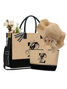 沙滩亚麻手提包套装，包含肩带、女士编织波浪沙滩帽和化妆包，黑色字母藤蔓缠绕字母 A-Z 沙滩配饰包、肩包和化妆包。 - 卡其色 - 查看 19