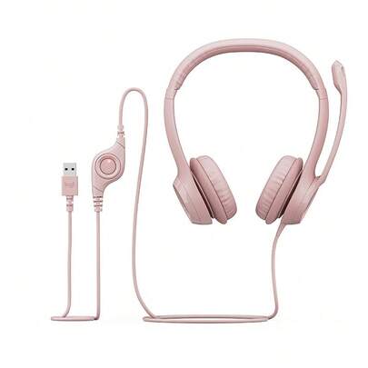 Logitech H390 Wired Headphones, Clear Call, Convenient Inline Control, Comfortable Padding, Stereo Sound Effect, Noise Cancelling Microphone, Rotatable Microphone Boom, USB-A Interface, Pink
