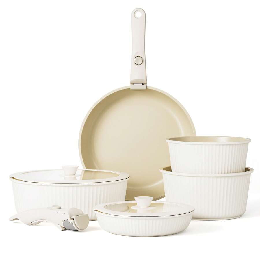 RIOVARM Induction Pots And Pans Set With Lids, Non-Stick Stackable Cookware Set With Removable Handles, Space-Saving Pot & Pan Sets Without, Granite Frying Pan, Casseroles - White - View 1