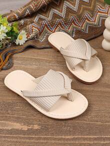 1 Pair Children & Teens Plus Size Ivory White Slippers, Elastic Fabric Thong Design, Simple Yet Comfortable, Lightweight TPR Flat Non-Slip Round Toe, Casual Indoor Outdoor Wear, Fashion Roman Sandals, Spring Summer New