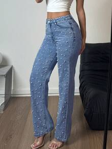 Women's Denim Straight Leg Pants Are Made Of Loose And Comfortable Denim Fabric, With Nail Bead Craftsmanship And Pockets, Suitable For Party Occasions(The Size Is Slightly Small; It Is Recommended To Order One Size Up.) - Rửa trung bình - Xem 3