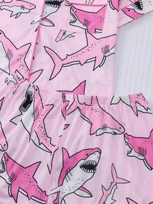 2pcs/Set Women Shark Print Pajama Set, Collared Short Sleeve Comfy Top And Fitted Elastic Shorts, Elegant Sleepwear Outfit For Festival Party, Casual Home Wear - 粉色 - 查看 6