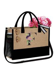 1set ,A Initial Flowers Pattern Tote Bag With Shoulder Straps&A Makeup Bag Initial Letters A-Z Set, Personalized Gift Bag With Side Pockets,Beach Bag With Scarf,Portable Leisure Storage Handbags, Multifunctional Shopping Bags, Travel Simple Storage Bag - Khaki - View 26