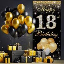 1 pièce Décorations pour les 16e, 18e et 21e anniversaires - Décorations de fête noires et dorées avec bannière de porte, panneau de pelouse et toile de fond pour photo - Fournitures de fête d'anniversaire de 18 ans pour les adolescents