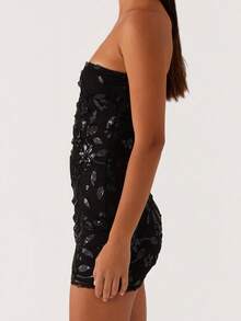 Sequin Beaded Floral Dress Sexy Women Strapless Tube Dress Y2K Off The Shoulder Mini Dress Sparkly Glitter Bodycon Short Dress Bandeau Dress Party Clubwear - 黑色 - 查看 5