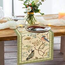 Retro Flower And Bird Dining Table Runner, Green Elegant Floral Blue Bird Robin Blinn Kitchen Decoration, Spring And Summer Farmhouse Indoor Indoor Outdoor... - Green - View 5