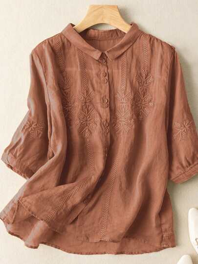 女士休闲纯色雪花刺绣宽松衬衫，无弹力，春夏款