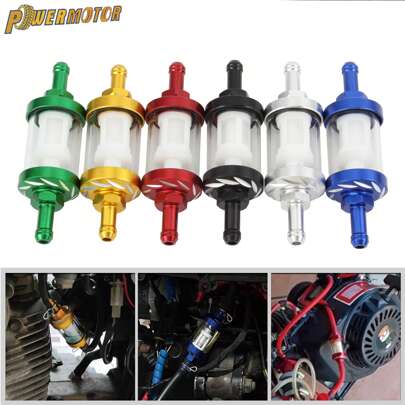 PowerMotor Akcesoria motocyklowe do benzyny Pitbike Szkło Filtr paliwa gazowego Minimoto 125cc 140cc 150cc 160cc 8mm Filtr oleju ze stopu aluminium CNC Skuter Cafe Racer Gy6 Części wyścigowe