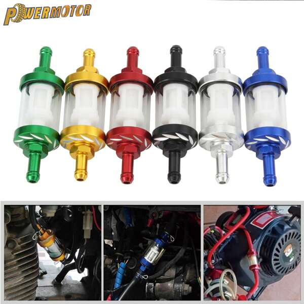 PowerMotor Accesorios de motocicleta de gasolina: Filtro de combustible de vidrio para pitbike minimoto de 125cc, 140cc, 150cc, 160cc, filtro de aceite de aleación de aluminio CNC de 8 mm para scooter, cafe racer, piezas de carreras Gy6
