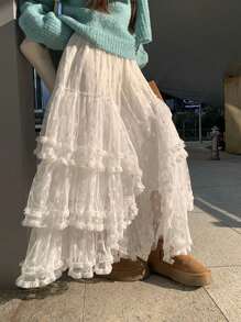 Plus Size Women's French Floral Lace Elegant Gentle Sweet Princess Tulle Skirt