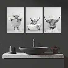 Set Of 3 Black And White Highland Cow Wall Art Canvas Painting, Funny Animal Bathroom Poster Prints With Frame, Suitable For Modern Living Room, Bathroom, Bedroom, Hotel, Apartment, B&B, Farmhouse, Hallway, Studio, Kids Room, Classroom, Study, Office Decoration Ready To Hang ,Wall Art With Frame