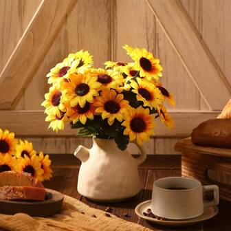 4 Bouquets Of Sunflowers, Artificial Bouquets, Fake Plants With Stems, UV Protective Plastic Green Plants, Outdoor Simulated Flowers Do Not Fade, Suitable For Gardens. Porch, Windowsill Decoration, Father's Day, Mother's Day, Graduation Season Decoration