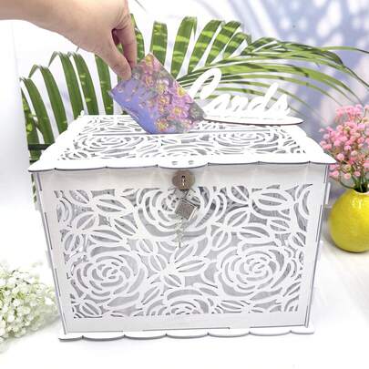 1 pieza Caja elegante de madera blanca para tarjetas de boda con diseño de hojas y enredaderas - Perfecta para despedidas de soltera, ceremonias de graduación y decoraciones de fiesta, incluidas tapas para un almacenamiento  de regalos, regalos para despedida de soltera | Caja elegante para tarjetas | Diseño delicado calado, decoración de boda