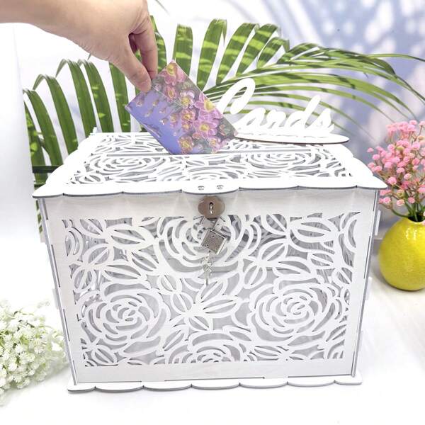 1 Pc Elegant White Wooden Wedding Card Box With Leaf And Vine Design - Perfect For Bridal Showers, Graduation Ceremonies, And Party Decorations, Including Lids For Secure Gift Storage, Bridal Shower Gifts | Elegant Card Box | Delicate Hollow Out, Wedding Decoration