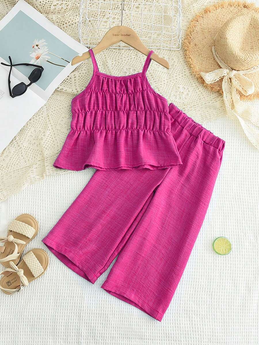 2pcs/Set Young Girls Solid Color Camisole Top + Wide Leg Pants Set, Summer - Hot Pink - View 1