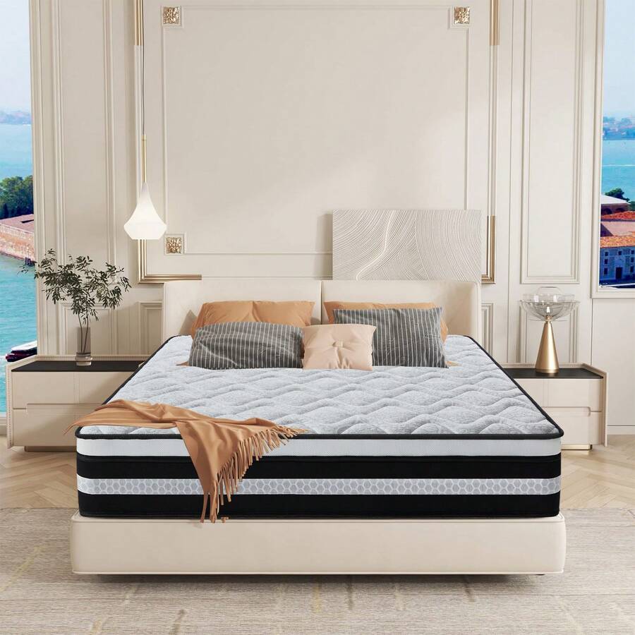 Materasso 160x200 cm - Memory foam - Molle insacchettate - Comfort equilibrato - Traspirante - 8 zone - (160x200x26cm) - Bianco e nero - Visualizzare 1