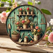 [Estilo Europeu] Arte de Parede Redonda de Madeira com Tema de Jardim Vintage, 7.87 Polegadas - Design Rústico de Flor e Ferramenta de Jardinagem, Adequado para Casa, Quarto, Banheiro, Bar, Café, Decoração Estilo Fazenda - Placa de Parede Retrô Encantadora, Decoração de Jardim