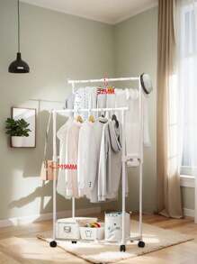 1pc Easy Assemble Floor Standing Drying Rack, Single Rod Double Rod Storage Rack, Garment & Hat Rack, Balcony Drying Rack With Swivel Wheels, Movable Storage Organizer