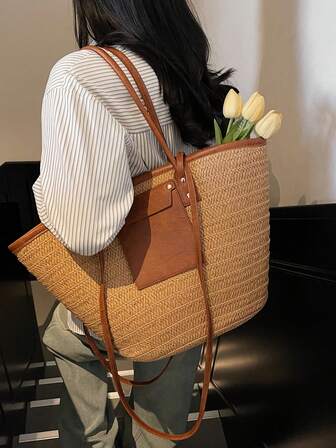 时尚大容量编织托特包，新款海滩度假单肩腋下草编大包