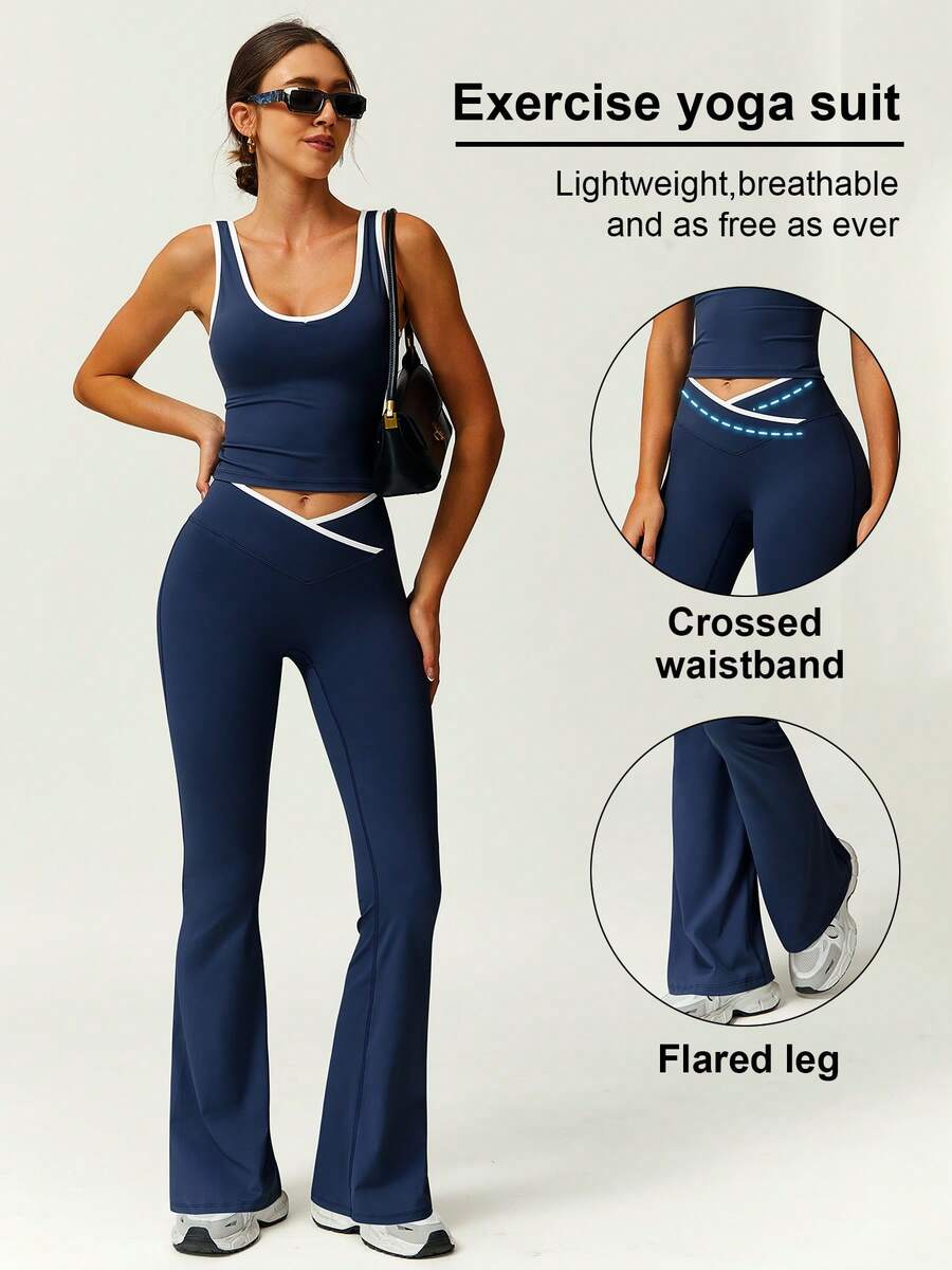2pcs Women Sports Vest And Flare Pants Set, Contrast Color, Fashion Waist Design, Versatile - Navy Blue - View 1