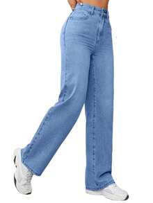 High-Waisted Loose & Comfortable Wide Leg Straight Jeans For Women, Casual Fashionable Leg-Lengthening, Y2K Youth Style - Dark Wash - View 2