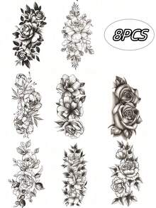 8张花纹身临时黑玫瑰纹身女逼真持久防水假纹身贴纸人体艺术手臂素描纹身贴纸适用于日常化妆节日派对 - 黑色 - 查看 3