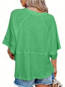 Plus Women's Spring/Summer Round Neck T-Shirt Top - Green - View 2