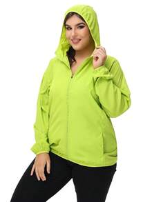 1 pezzo Giacca casual leggera da donna a tinta unita con maniche lunghe, giacca con cappuccio con zip, taglia comoda, abbigliamento sportivo da esterno per donna, giacca casual verde taglia comoda, top estivo - Verde - Visualizzare 6