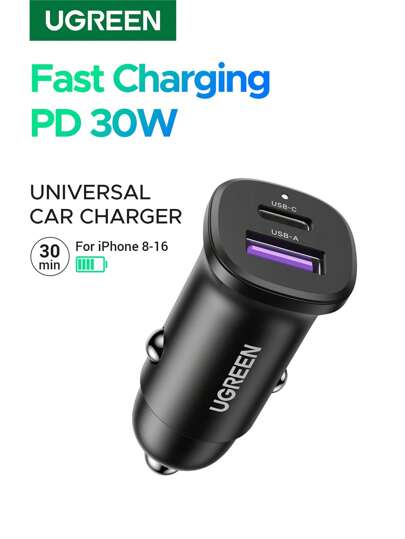 UGREEN Carregador de carro UGREEN 30W Tipo C Adaptador de carregador rápido compatível com 15 14 13 Pro Max compatível com S25 S24 S23