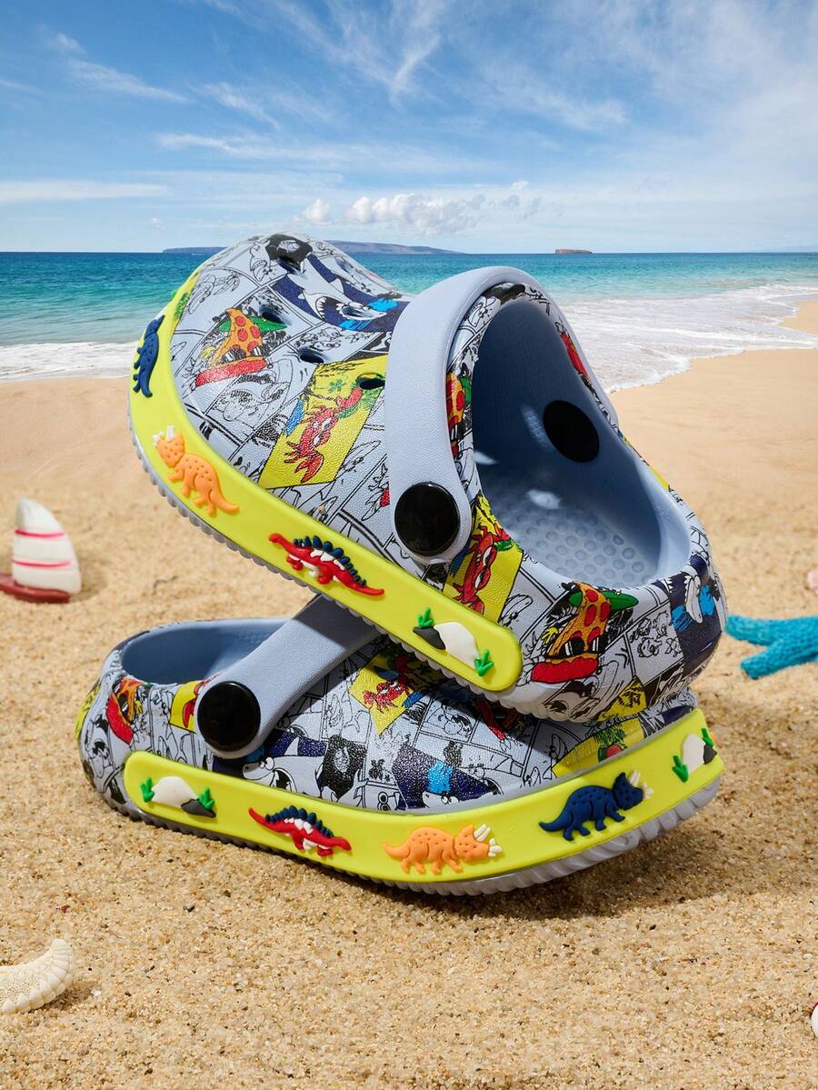 1 par de sandalias de playa cómodas, de moda, casuales, ligeras y con lindo estampado de dinosaurio a prueba de deslizamiento y con protección de dedos, para niños, para primavera/verano - Neblina azul - Ver 1