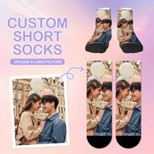 1 Pair Of Printed Socks Men, Custom Personalized Photo, Heat Transfer 360 Degree Print, Personal Face Graphic, Funny Couple Photo Graphic, Premium Summer Socks, Men's Sport Ankle Socks, White Socks For Everyday Wear, Unique Whimsical Gift For Mother's Day, Father's Day And Special Occasions, Black Socks