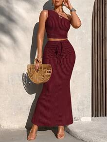 AIJ Amarilo Women's Summer Casual Striped One-Shoulder Ruffle Crop Top And Ruffle Fishtail Skirt 2-Piece Set (Random Print) - Burgundy - View 4