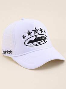 1pc Men's Five-Pointed Star Embroidery Trucker Cap, Fashion Baseball Hat With Sun Protection For Outdoor, Casual, Spring/Autumn Travel, Beach Vacation