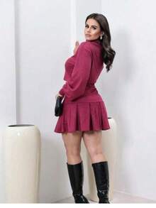 Women's Long Sleeve Crop Top With High Neck In Fleece - Burgundy - View 3