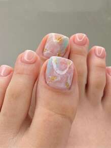 Elevate Your Style Wit 24pcs Short Square Nails Ins Style Nude Pink Toe Nails, White And Light Green Marble Blend, Gold Glitter Decoration, Sweet And Cute Nail Art, Fresh Elegant Press On Toe Nails, Fashionable And Beautiful Nail Charms, Modern Daily Pressing Full Set Of Toenails, Suitable For Women's Summer, Vacation, Beach, Party, Dance Party, Etc, Nail Supplies